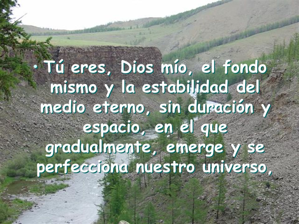 Tú eres, Dios mío, el fondo mismo y la estabilidad del medio eterno, sin duración y espacio, en el que gradualmente, emerge y se perfecciona nuestro universo,
