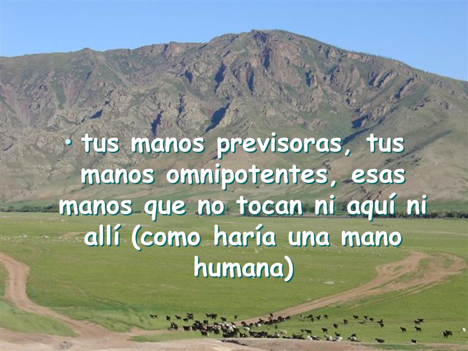 tus manos previsoras, tus manos omnipotentes, esas manos que no tocan ni aquí ni allí (como haría una mano humana)