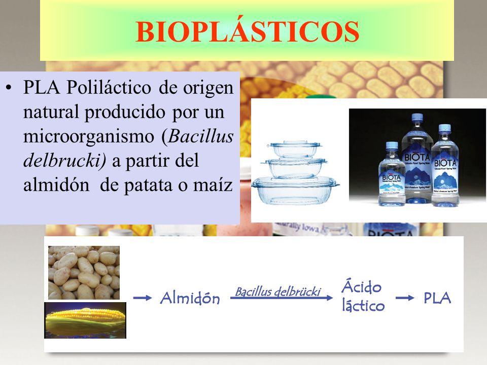 BIOPLÁSTICOS PLA Poliláctico de origen natural producido por un microorganismo (Bacillus delbrucki) a partir del almidón de patata o maíz.