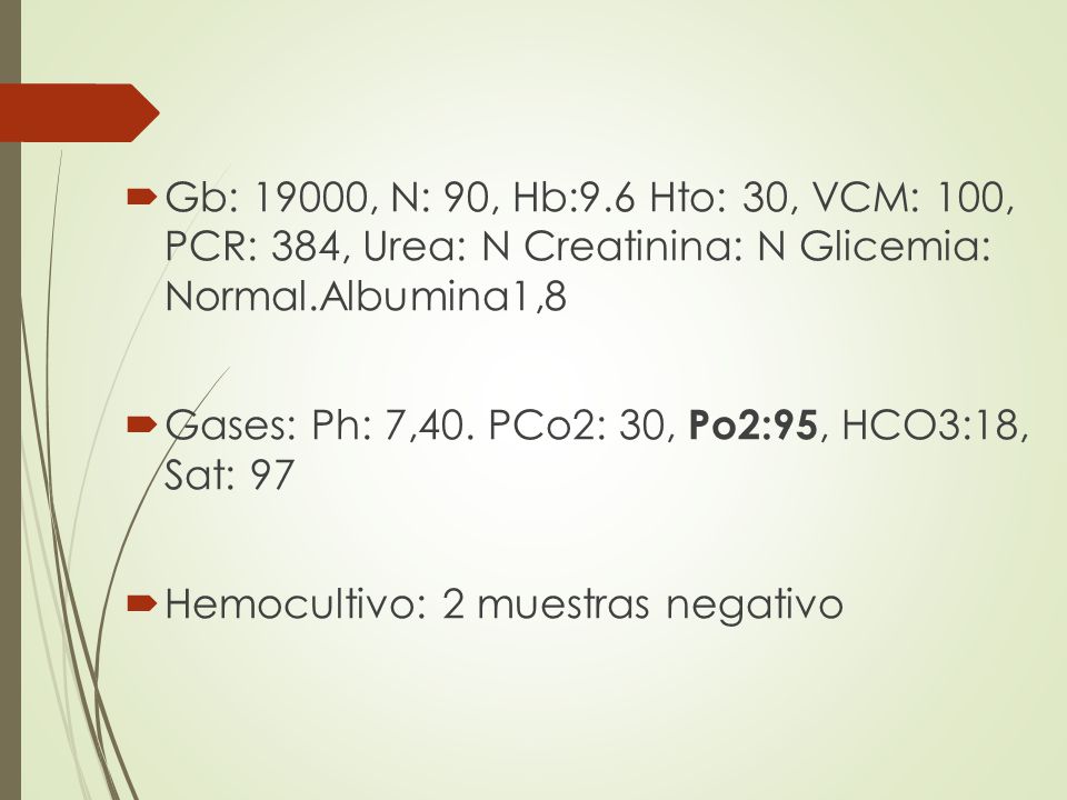 Gb: 19000, N: 90, Hb:9.6 Hto: 30, VCM: 100, PCR: 384, Urea: N Creatinina: N Glicemia: Normal.Albumina1,8