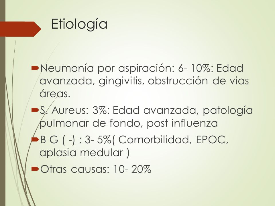 Etiología Neumonía por aspiración: 6- 10%: Edad avanzada, gingivitis, obstrucción de vias áreas.