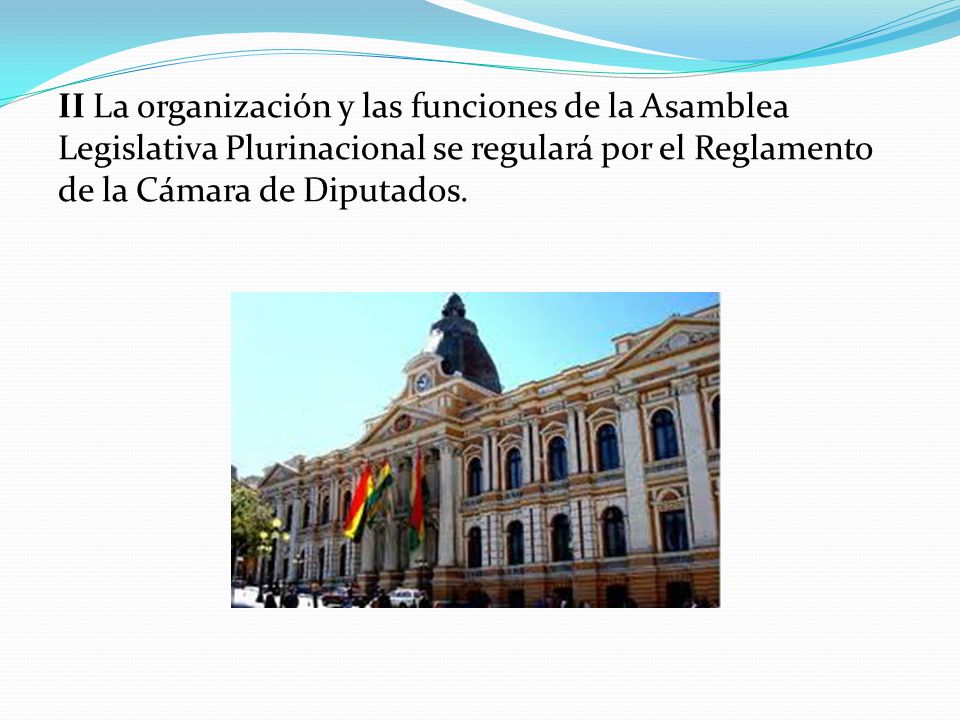 II La organización y las funciones de la Asamblea Legislativa Plurinacional se regulará por el Reglamento de la Cámara de Diputados.