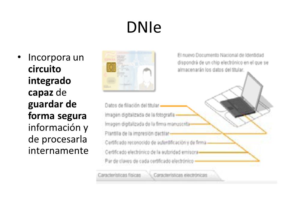 DNIe Incorpora un circuito integrado capaz de guardar de forma segura información y de procesarla internamente.