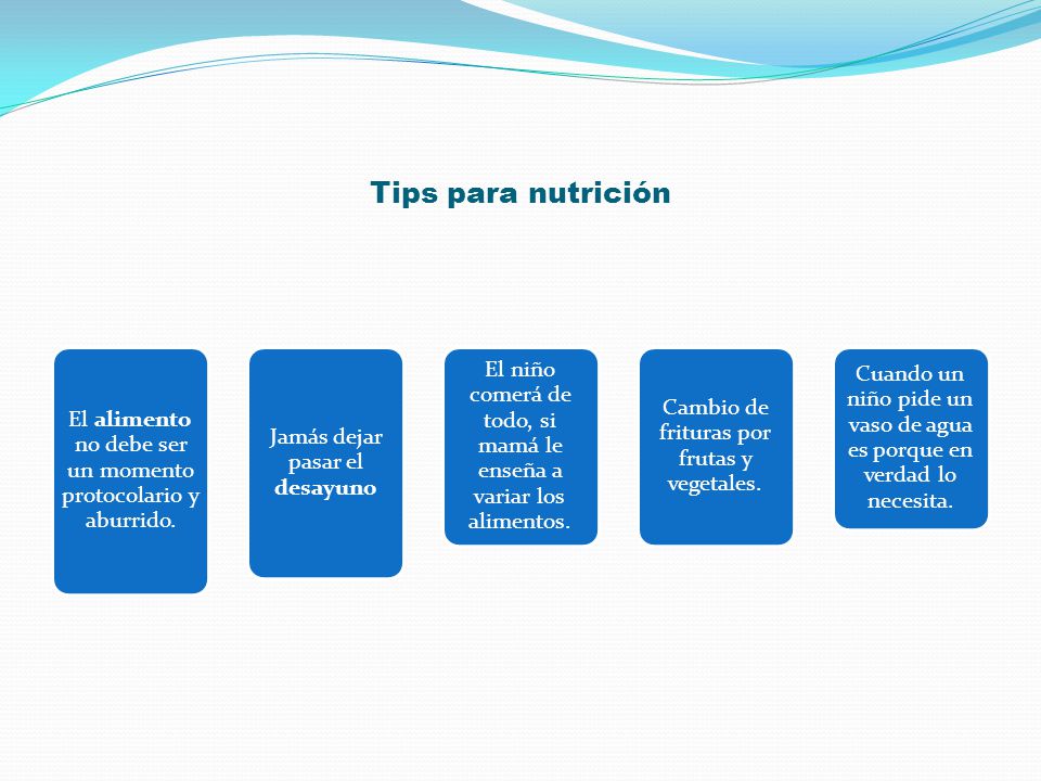 Tips para nutrición El alimento no debe ser un momento protocolario y aburrido. Jamás dejar pasar el desayuno.