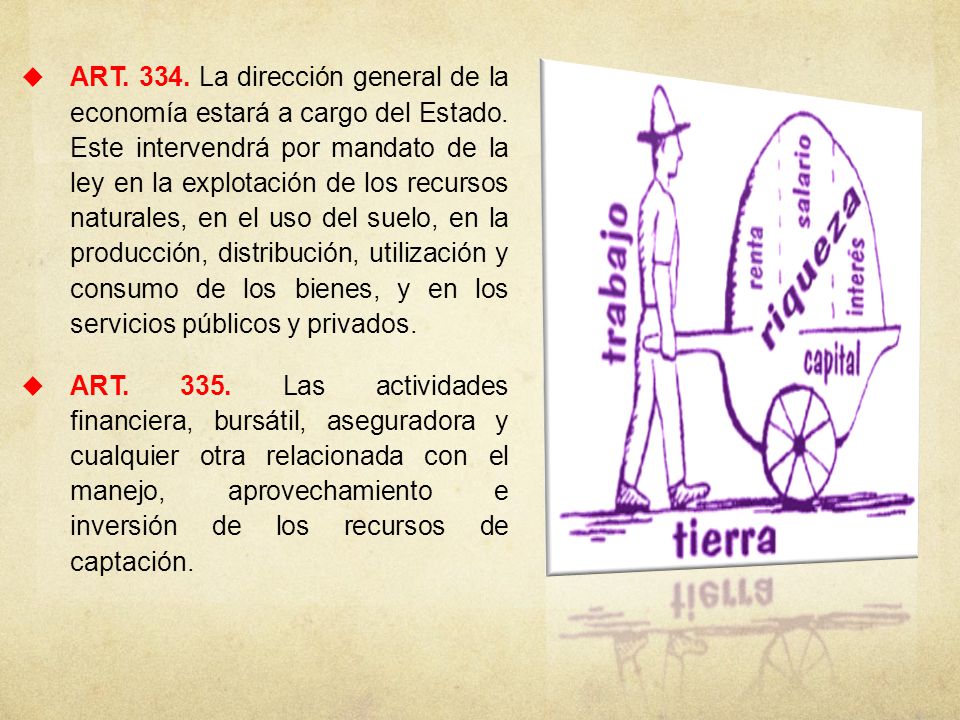 ART La dirección general de la economía estará a cargo del Estado. Este intervendrá por mandato de la ley en la explotación de los recursos naturales, en el uso del suelo, en la producción, distribución, utilización y consumo de los bienes, y en los servicios públicos y privados.