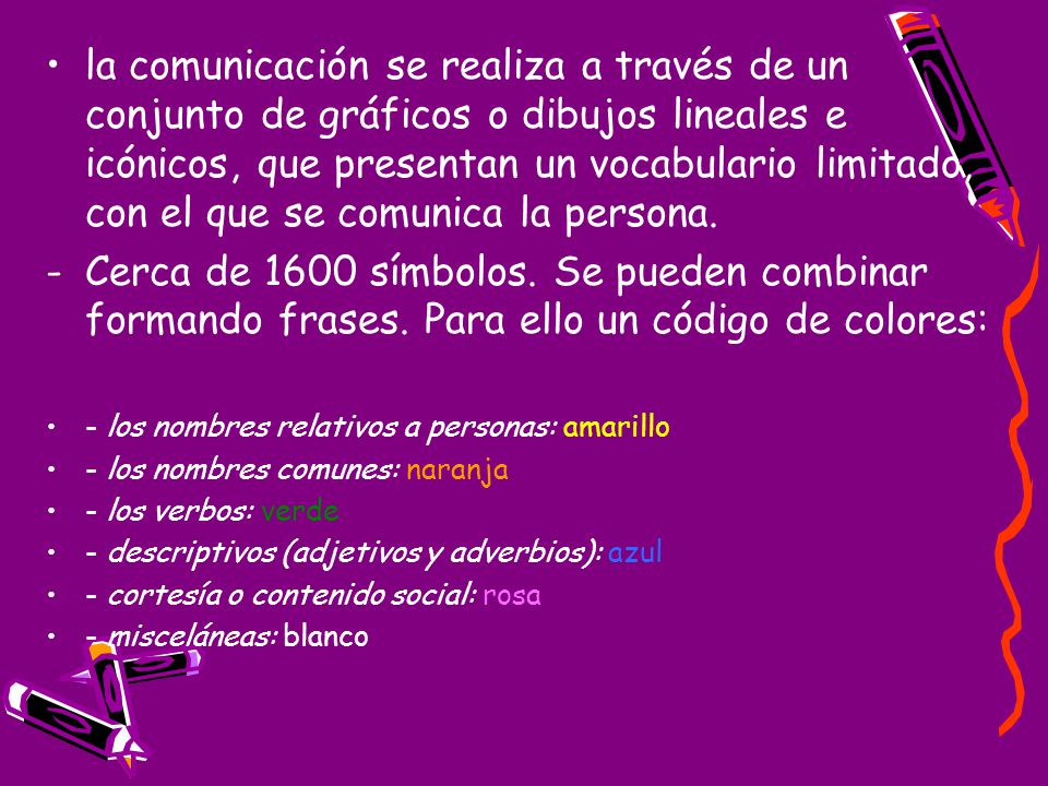 la comunicación se realiza a través de un conjunto de gráficos o dibujos lineales e icónicos, que presentan un vocabulario limitado, con el que se comunica la persona.