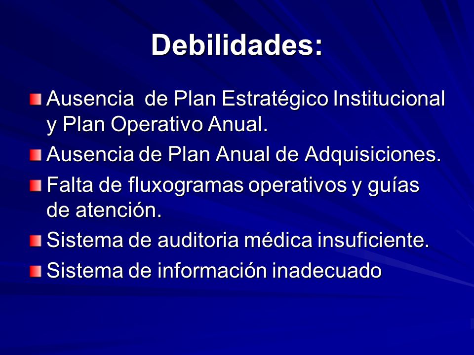 Debilidades: Ausencia de Plan Estratégico Institucional y Plan Operativo Anual. Ausencia de Plan Anual de Adquisiciones.