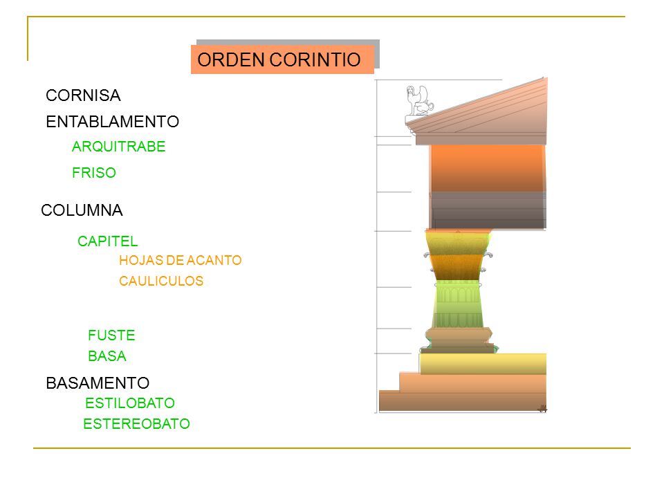 ORDEN CORINTIO CORNISA ENTABLAMENTO COLUMNA BASAMENTO ARQUITRABE FRISO