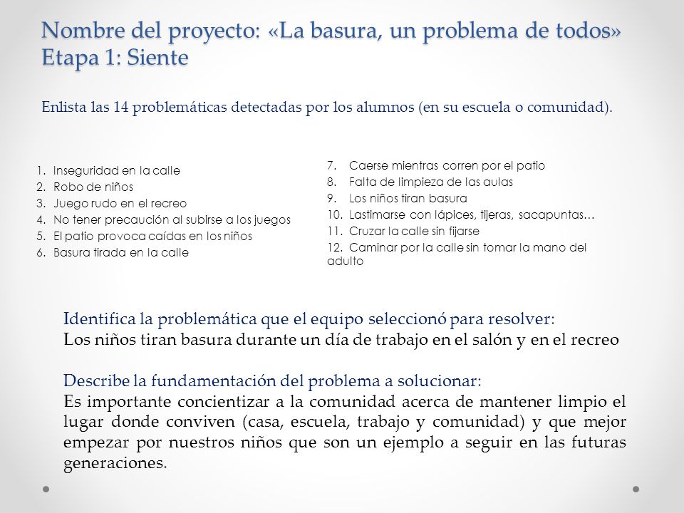 Nombre del proyecto: «La basura, un problema de todos» Etapa 1: Siente Enlista las 14 problemáticas detectadas por los alumnos (en su escuela o comunidad).