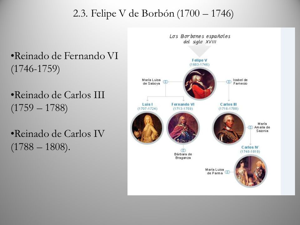 2.3. Felipe V de Borbón (1700 – 1746) Reinado de Fernando VI ( ) Reinado de Carlos III (1759 – 1788)