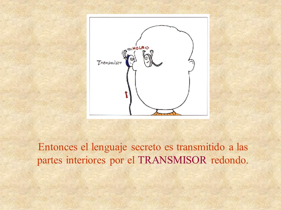 Entonces el lenguaje secreto es transmitido a las partes interiores por el TRANSMISOR redondo.