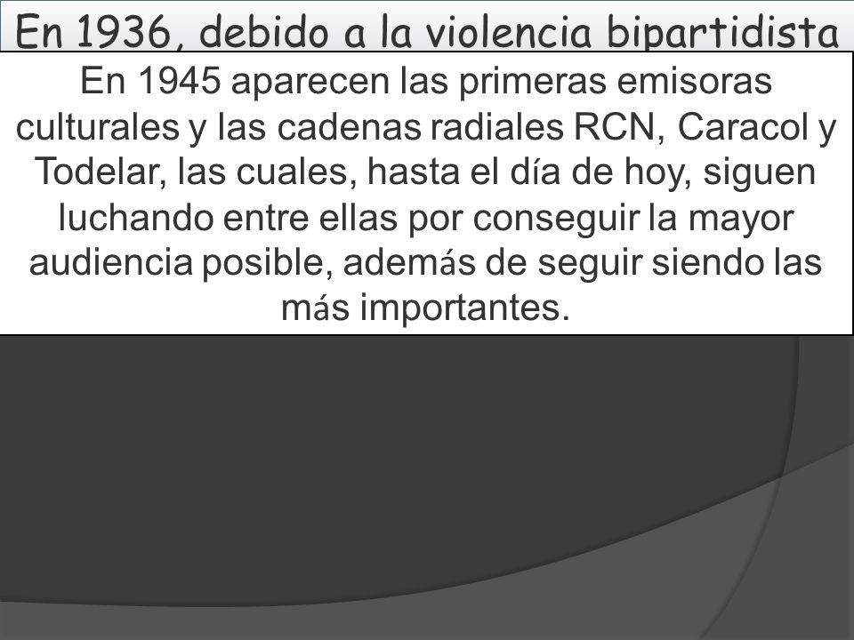 En 1936, debido a la violencia bipartidista en el país, el gobierno prohíbe a las emisoras narrar noticias políticas, sancionándose a todas aquellas que incumplieran la ley.