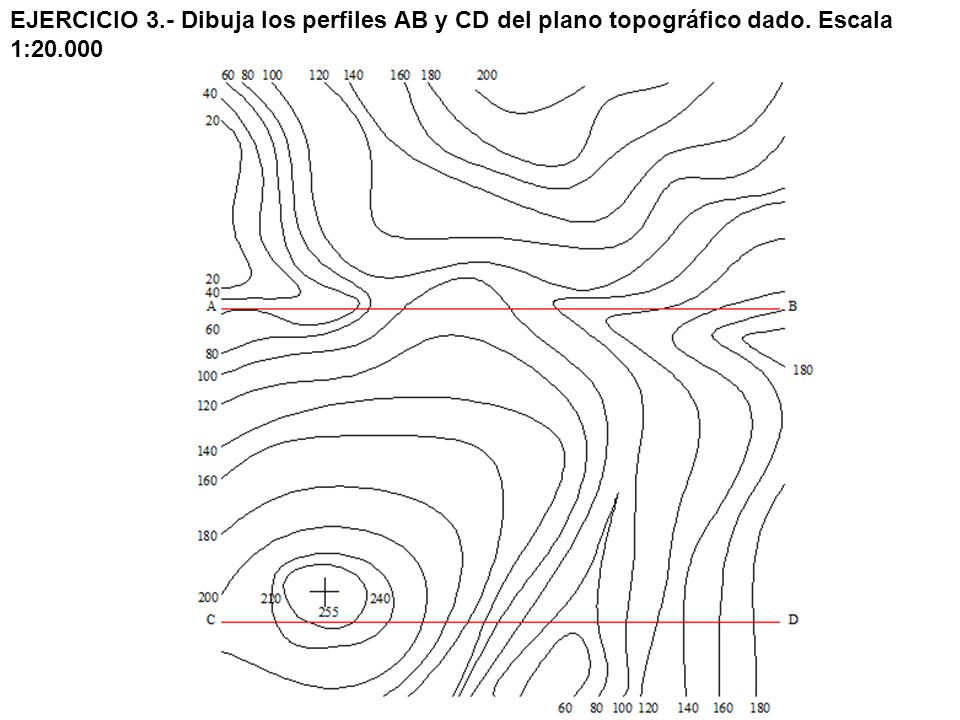 EJERCICIO 3. - Dibuja los perfiles AB y CD del plano topográfico dado