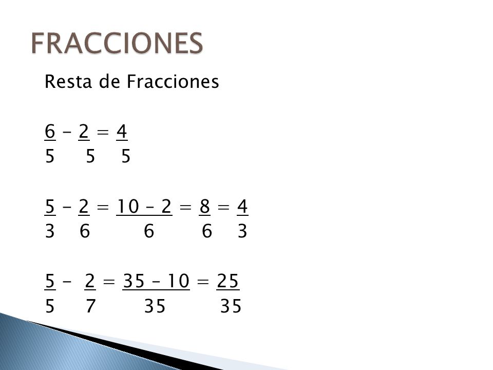 FRACCIONES Resta de Fracciones = = 10 – 2 = 8 = = 35 – 10 =