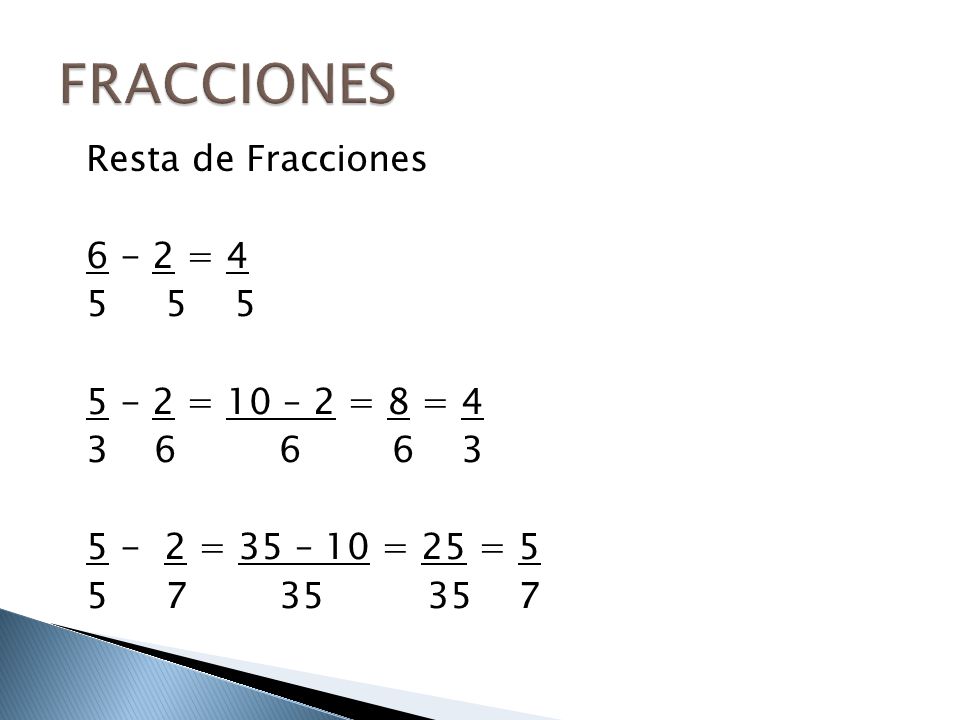 FRACCIONES Resta de Fracciones = = 10 – 2 = 8 = = 35 – 10 = 25 =