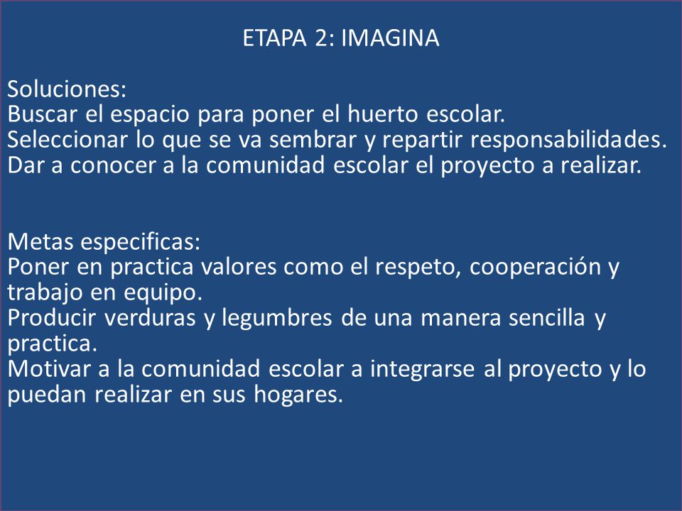 ETAPA 2: IMAGINA Soluciones: Buscar el espacio para poner el huerto escolar. Seleccionar lo que se va sembrar y repartir responsabilidades.
