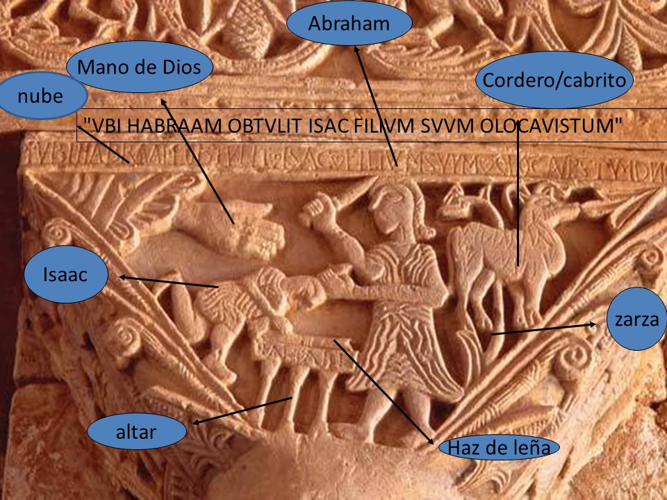 Abraham Mano de Dios. Cordero/cabrito. nube. VBI HABRAAM OBTVLIT ISAC FILIVM SVVM OLOCAVISTUM Isaac.