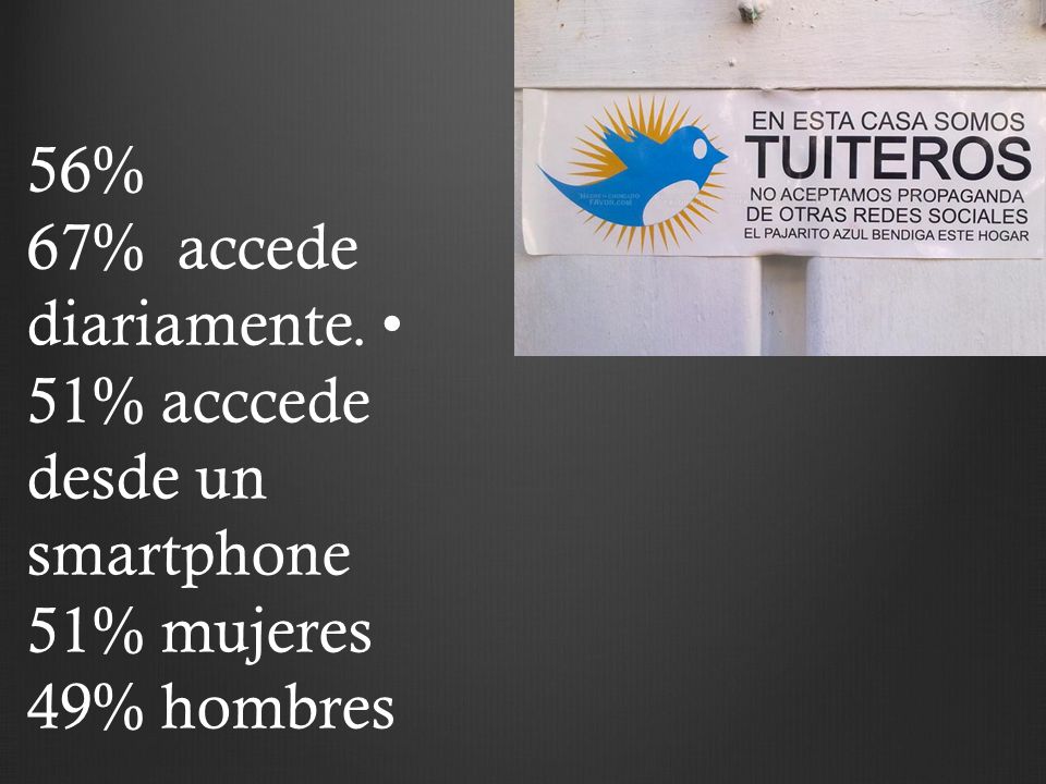 56% 67% accede diariamente. • 51% acccede desde un smartphone 51% mujeres 49% hombres