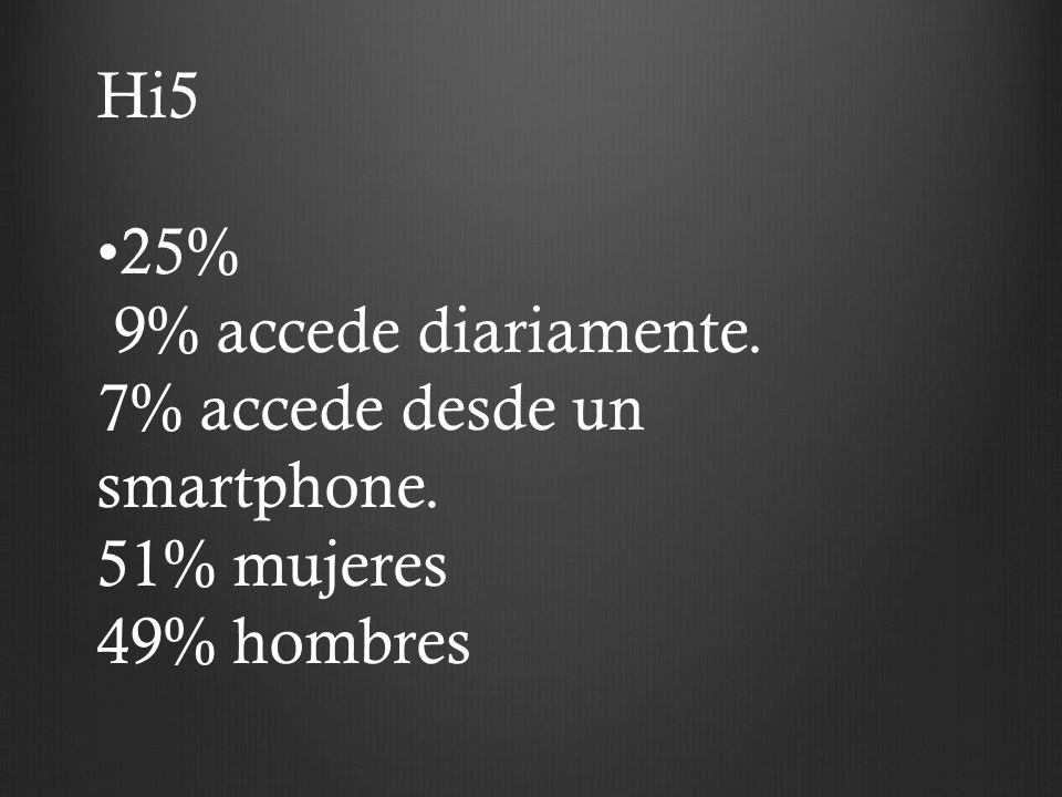 Hi5 •25% 9% accede diariamente. 7% accede desde un smartphone. 51% mujeres 49% hombres