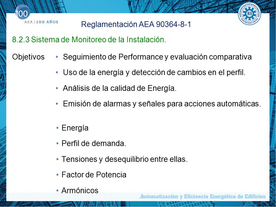 Reglamentación AEA Sistema de Monitoreo de la Instalación. Objetivos. Seguimiento de Performance y evaluación comparativa.
