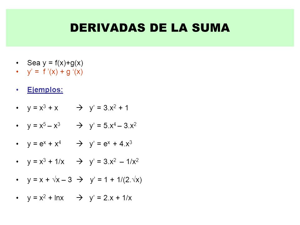DERIVADAS DE LA SUMA Sea y = f(x)+g(x) y’ = f ’(x) + g ‘(x) Ejemplos: