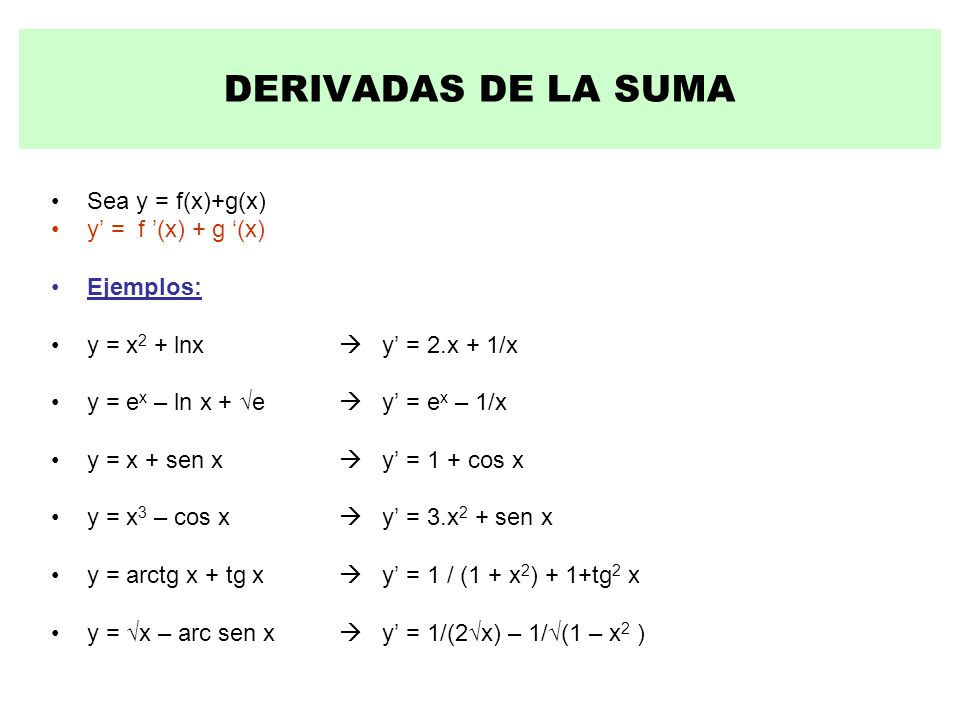 DERIVADAS DE LA SUMA Sea y = f(x)+g(x) y’ = f ’(x) + g ‘(x) Ejemplos: