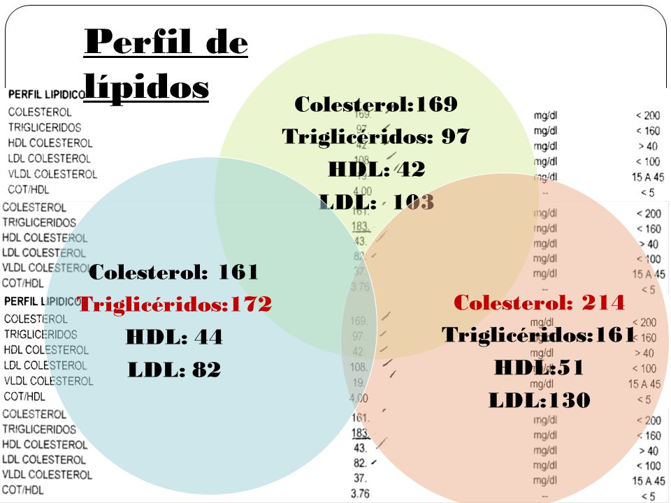 Perfil de lípidos Colesterol:169 Triglicéridos: 97 HDL: 42 LDL: 103