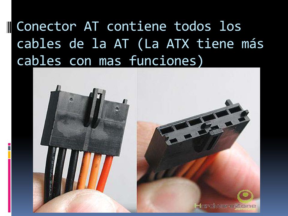 Conector AT contiene todos los cables de la AT (La ATX tiene más cables con mas funciones)
