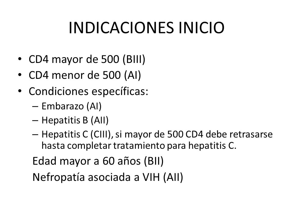 INDICACIONES INICIO CD4 mayor de 500 (BIII) CD4 menor de 500 (AI)