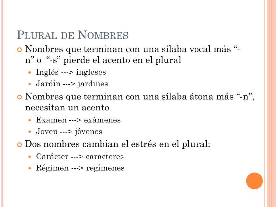 Plural de Nombres Nombres que terminan con una sílaba vocal más - n o -s pierde el acento en el plural.
