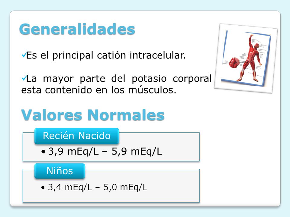 Generalidades Valores Normales Es el principal catión intracelular.