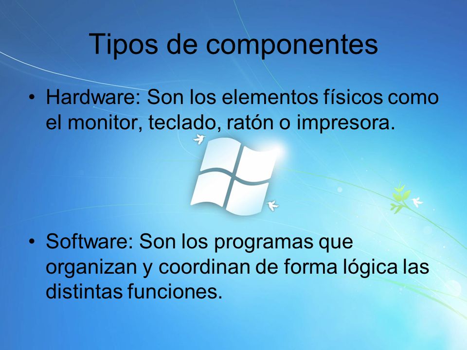 Tipos de componentes Hardware: Son los elementos físicos como el monitor, teclado, ratón o impresora.