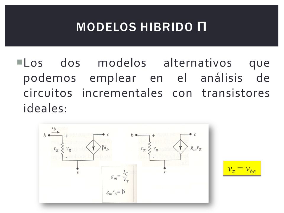Modelos hibrido π Los dos modelos alternativos que podemos emplear en el análisis de circuitos incrementales con transistores ideales: