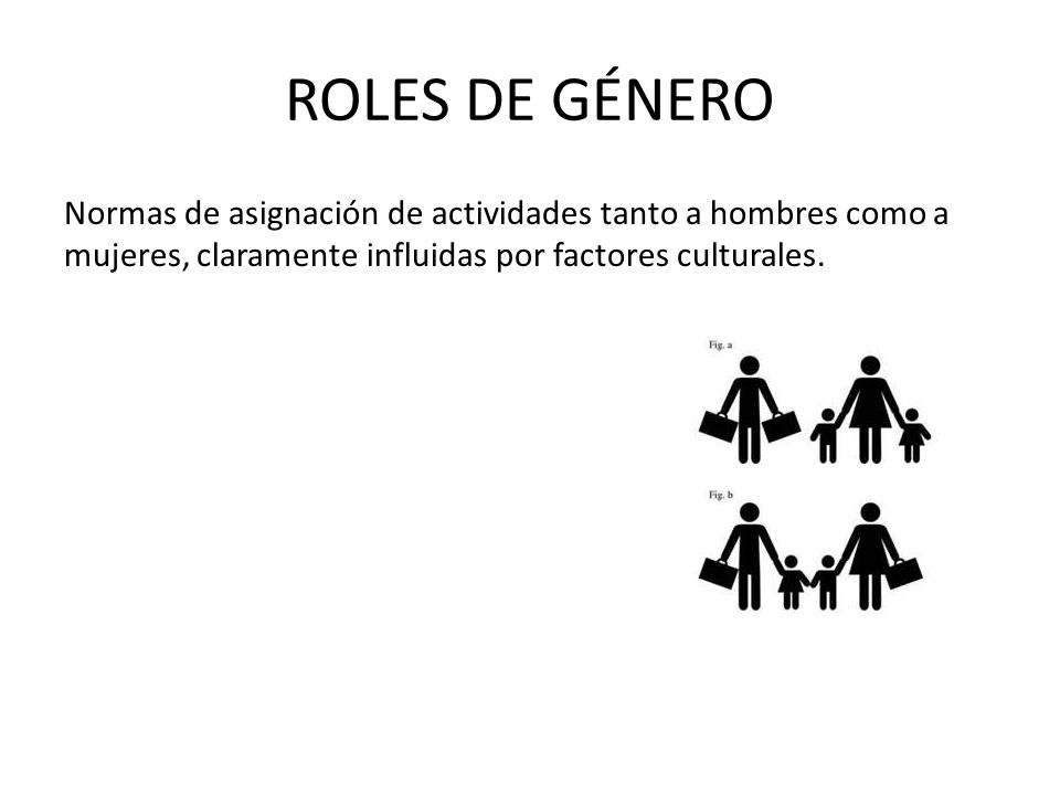 ROLES DE GÉNERO Normas de asignación de actividades tanto a hombres como a mujeres, claramente influidas por factores culturales.