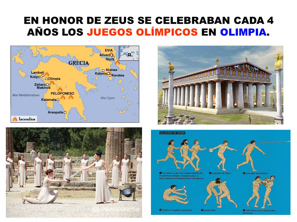 EN HONOR DE ZEUS SE CELEBRABAN CADA 4 AÑOS LOS JUEGOS OLÍMPICOS EN OLIMPIA.
