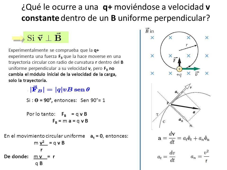 ¿Qué le ocurre a una q+ moviéndose a velocidad v constante dentro de un B uniforme perpendicular