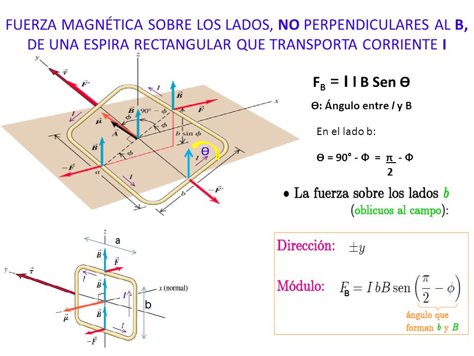 FUERZA MAGNÉTICA SOBRE LOS LADOS, NO PERPENDICULARES AL B, DE UNA ESPIRA RECTANGULAR QUE TRANSPORTA CORRIENTE I