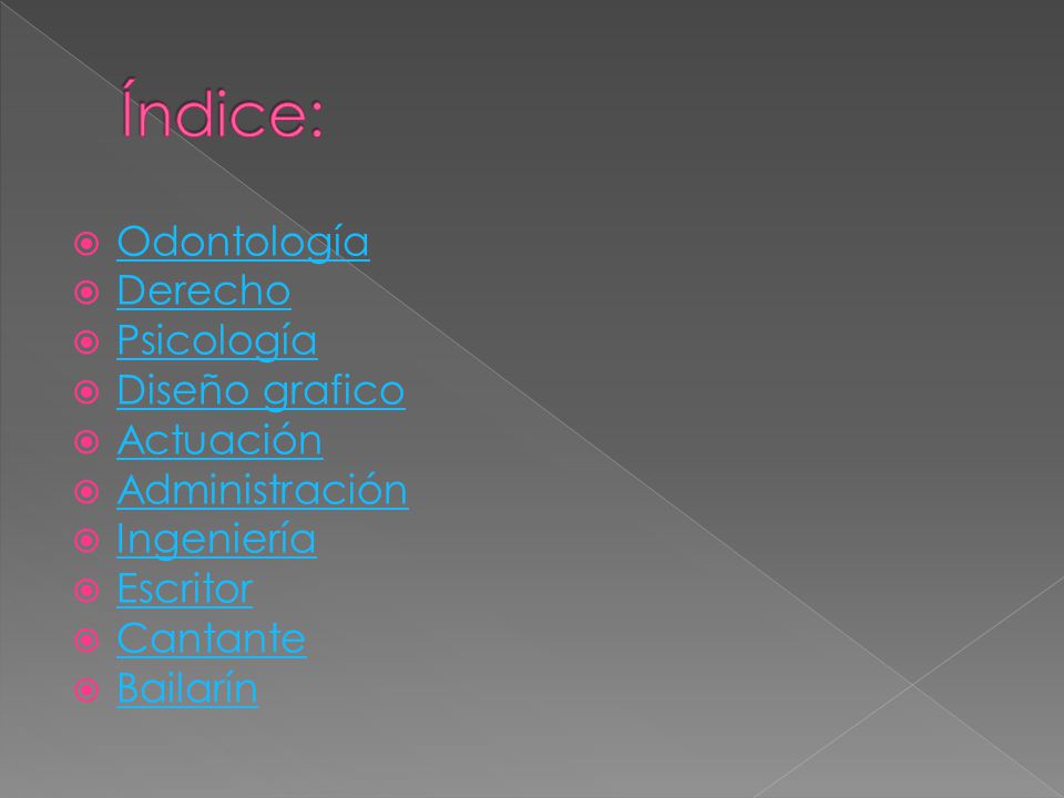 Índice: Odontología Derecho Psicología Diseño grafico Actuación