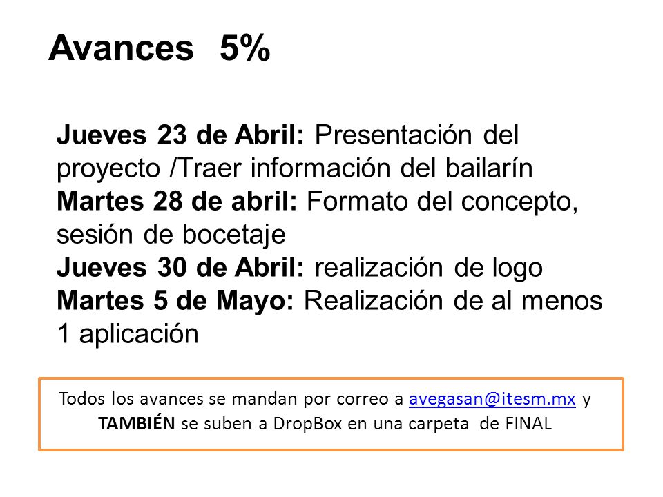 Avances 5% Jueves 23 de Abril: Presentación del proyecto /Traer información del bailarín.