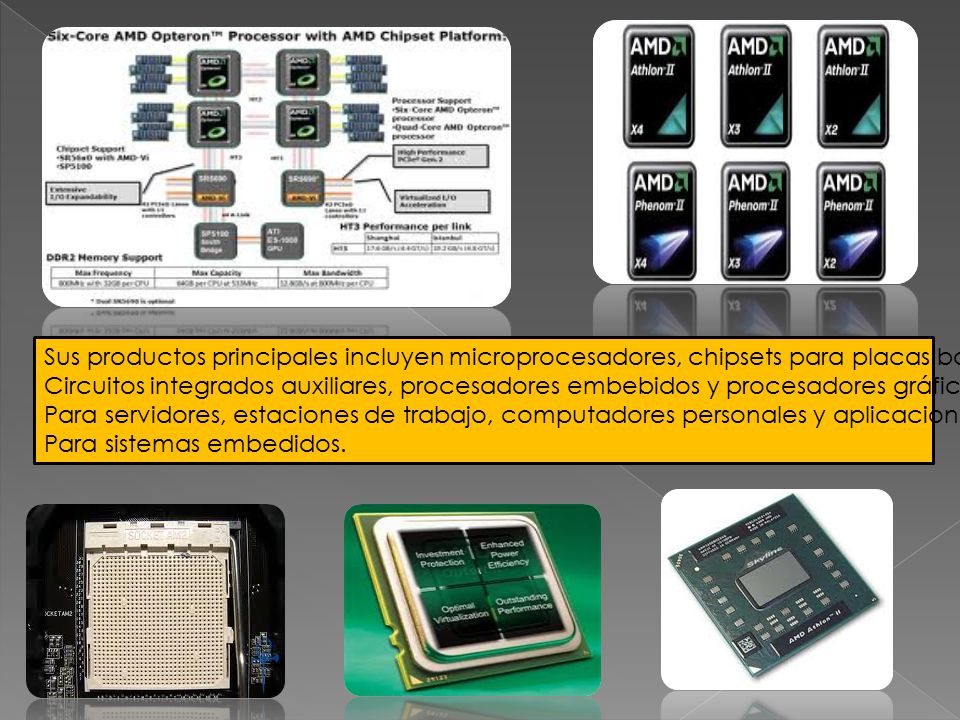 Sus productos principales incluyen microprocesadores, chipsets para placas base