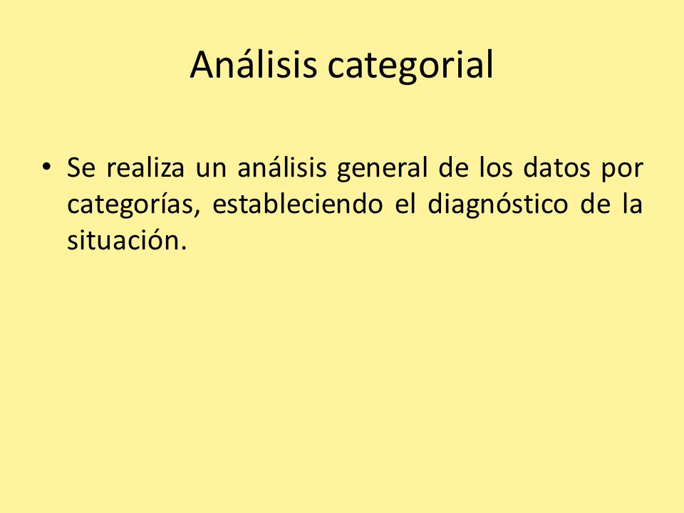 Análisis categorial Se realiza un análisis general de los datos por categorías, estableciendo el diagnóstico de la situación.