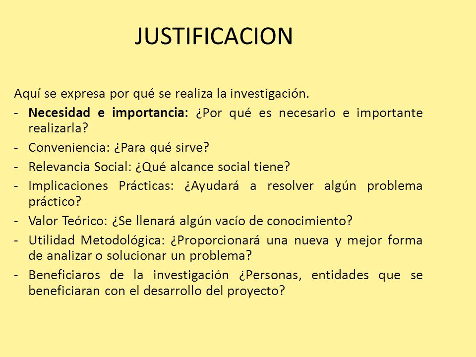 JUSTIFICACION Aquí se expresa por qué se realiza la investigación.
