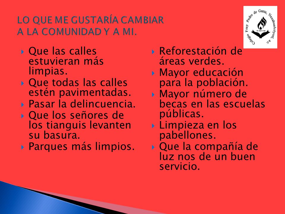 LO QUE ME GUSTARÍA CAMBIAR A LA COMUNIDAD Y A MI.