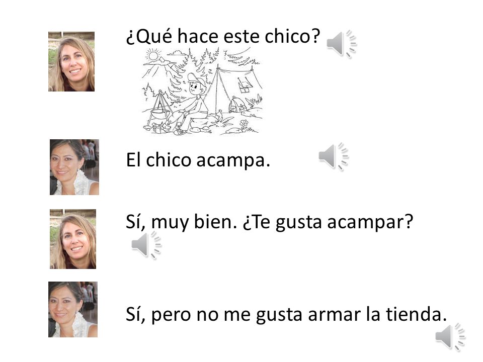 ¿Qué hace este chico. El chico acampa. Sí, muy bien. ¿Te gusta acampar