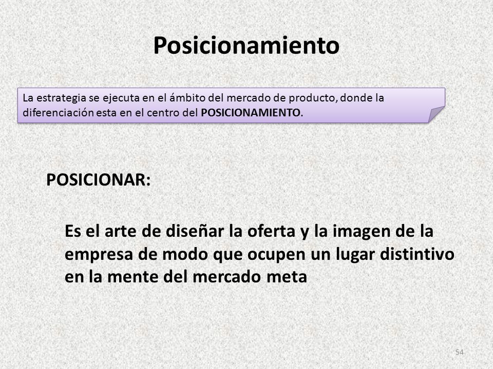 Posicionamiento La estrategia se ejecuta en el ámbito del mercado de producto, donde la diferenciación esta en el centro del POSICIONAMIENTO.