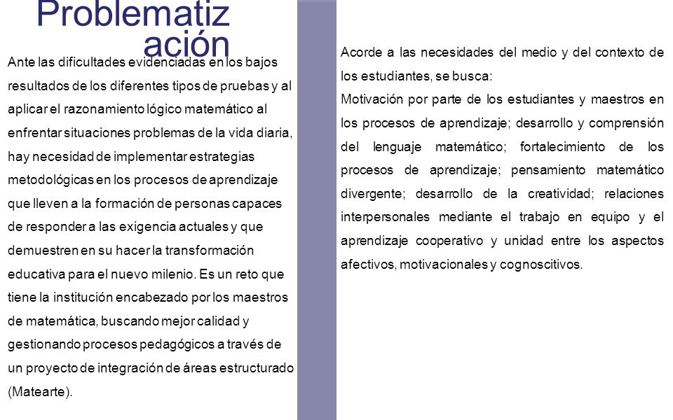 Problematización Acorde a las necesidades del medio y del contexto de los estudiantes, se busca: