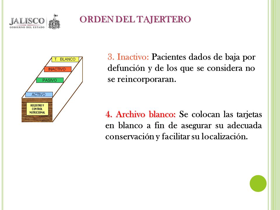 ORDEN DEL TAJERTERO 3. Inactivo: Pacientes dados de baja por defunción y de los que se considera no se reincorporaran.