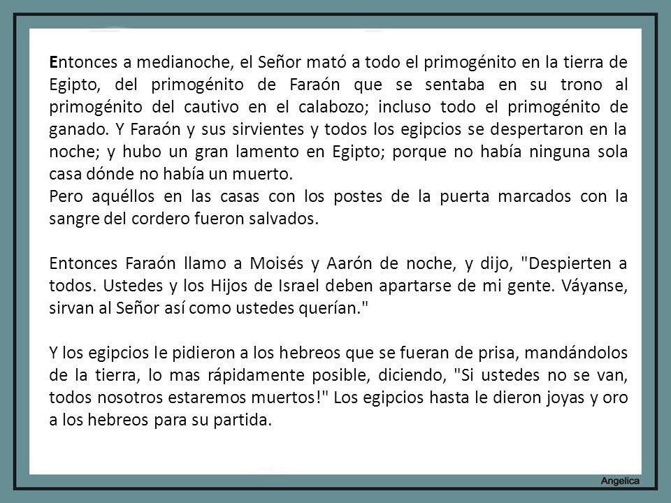 Entonces a medianoche, el Señor mató a todo el primogénito en la tierra de Egipto, del primogénito de Faraón que se sentaba en su trono al primogénito del cautivo en el calabozo; incluso todo el primogénito de ganado. Y Faraón y sus sirvientes y todos los egipcios se despertaron en la noche; y hubo un gran lamento en Egipto; porque no había ninguna sola casa dónde no había un muerto.