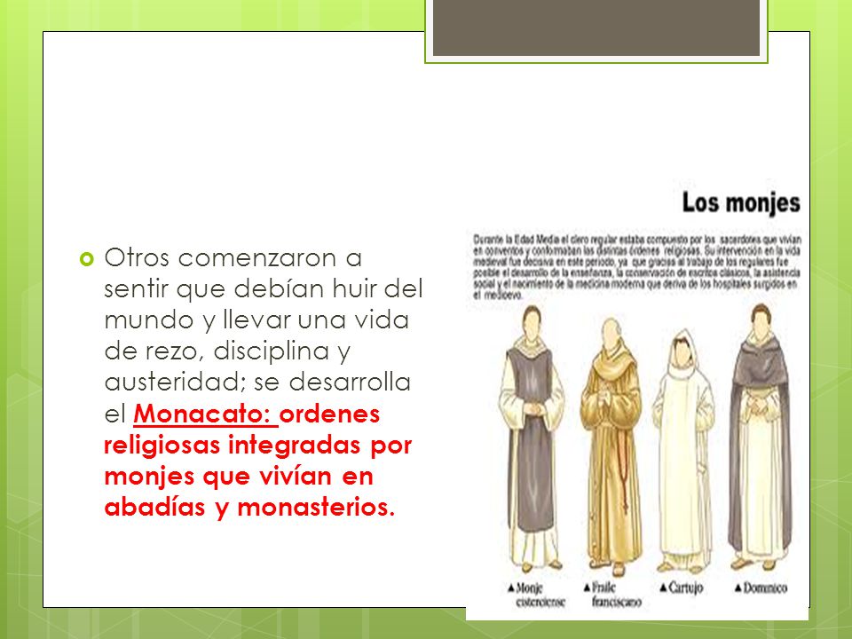 Otros comenzaron a sentir que debían huir del mundo y llevar una vida de rezo, disciplina y austeridad; se desarrolla el Monacato: ordenes religiosas integradas por monjes que vivían en abadías y monasterios.