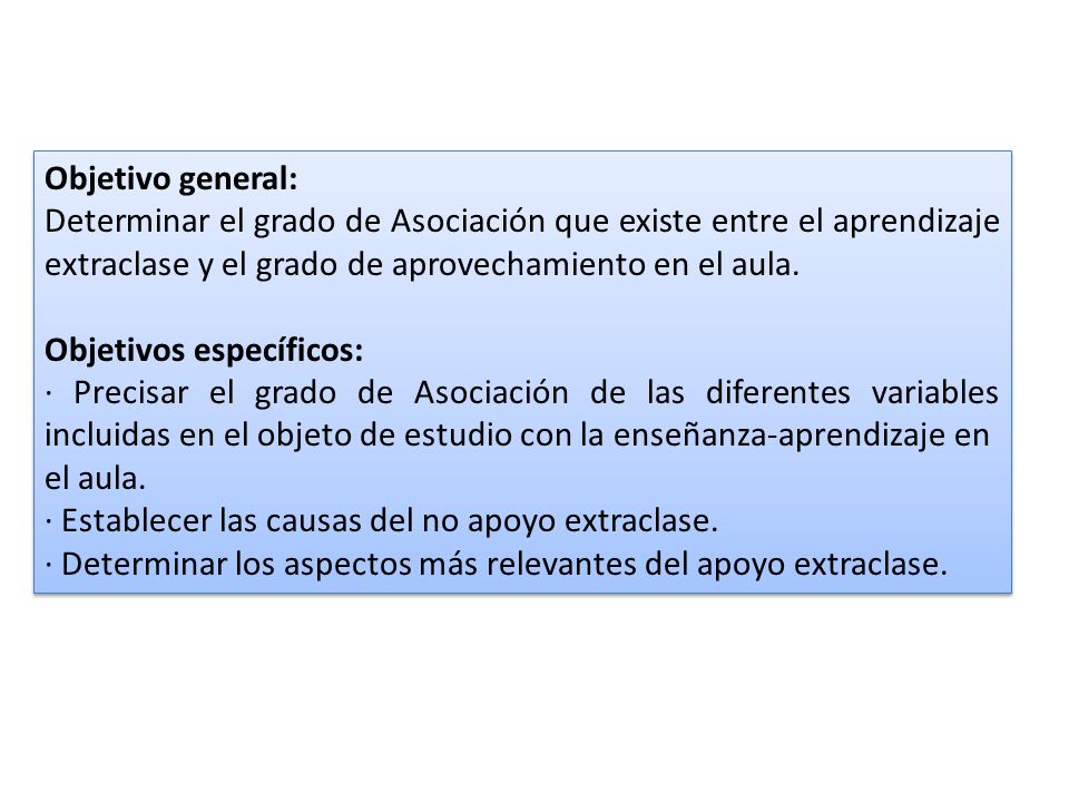 Objetivo general: Determinar el grado de Asociación que existe entre el aprendizaje extraclase y el grado de aprovechamiento en el aula.